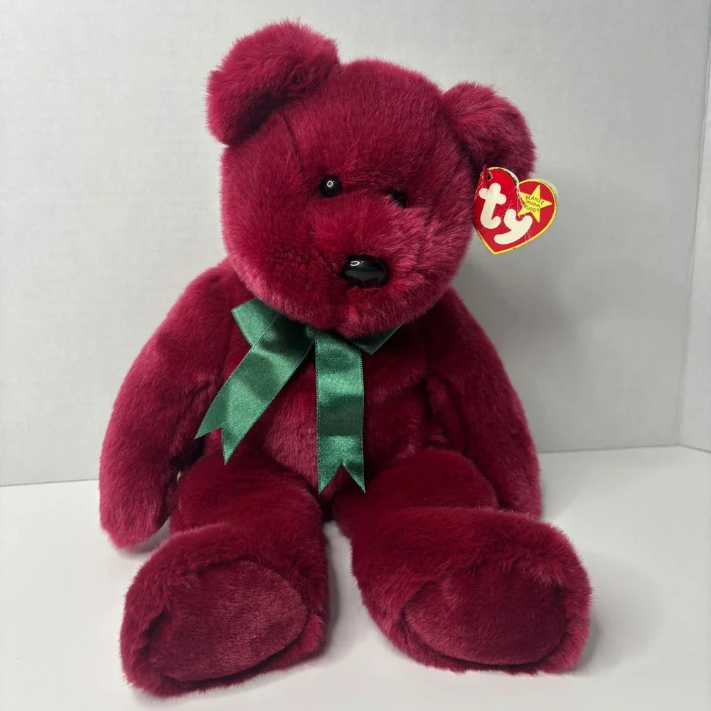 Ty Beanie Buddy Teddy Bear Cranberry Red Green Ribbon Plush Stuffed Animal 1998